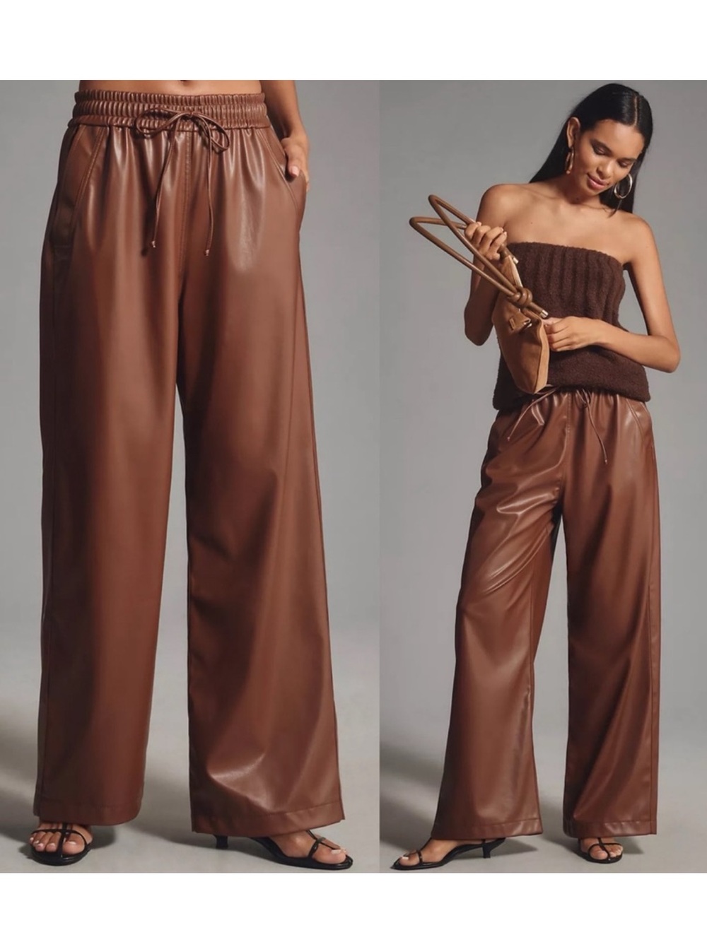 Anthropologie Exquise Brenna Faux Leather Wide-Leg Pants Brown trousers NWT